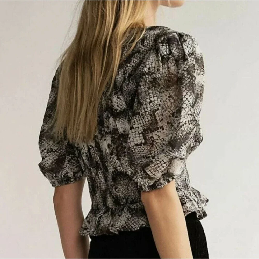 Free People Women's Cotton XOXO Snake Printed Smocked Crop Top Black Size Large